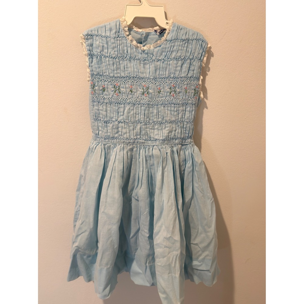 Vintage 60s Lilliputian Bazaar Smocked Floral Embroidered Blue Dress 4T